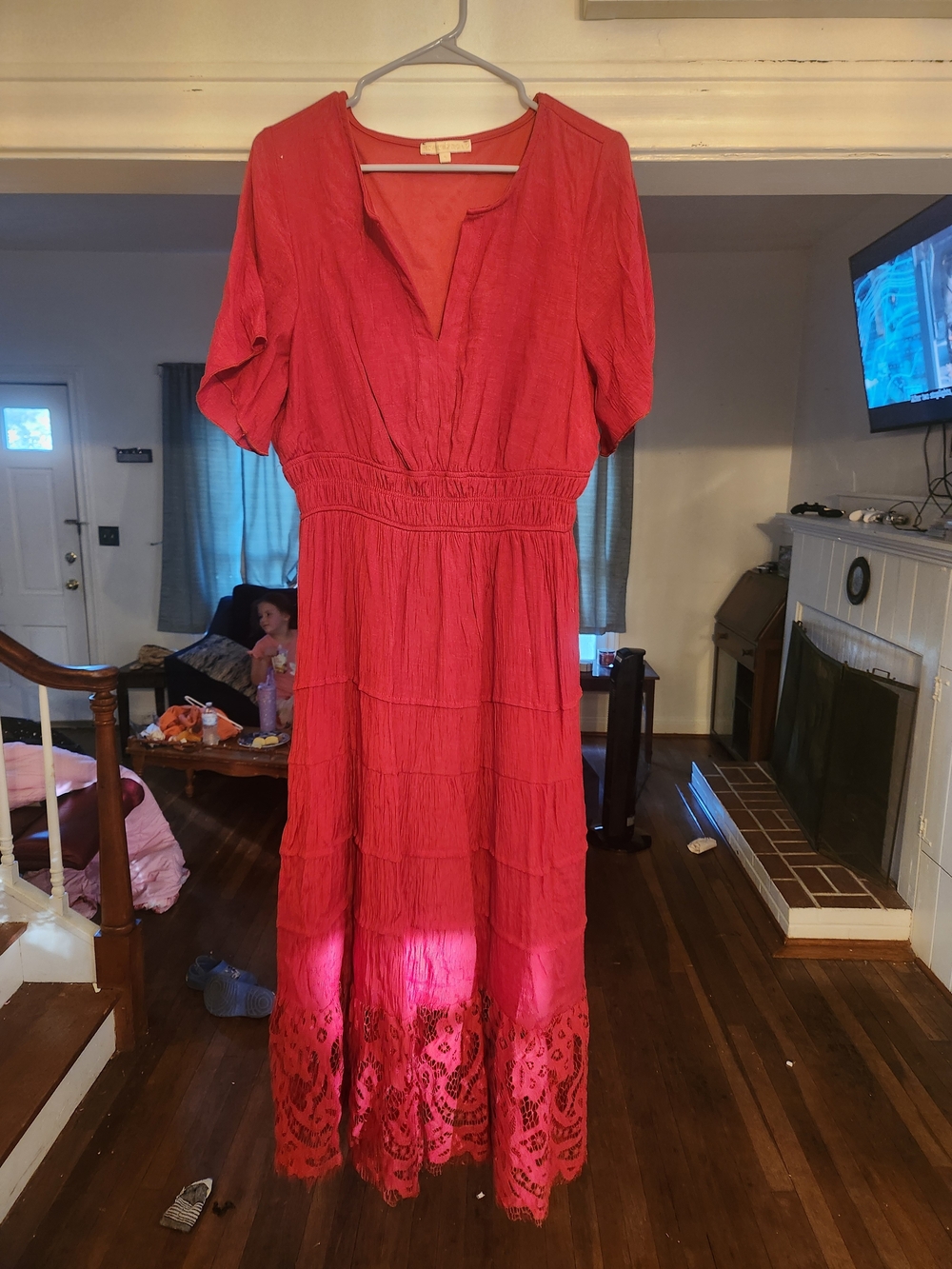 Women’s Coral-Red Maxi Dress with Lace Trim